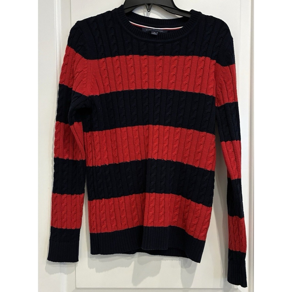 Tommy Hilfiger Women Cable Knit Sweater M Red Navy Stripe Nautical Preppy Cotton